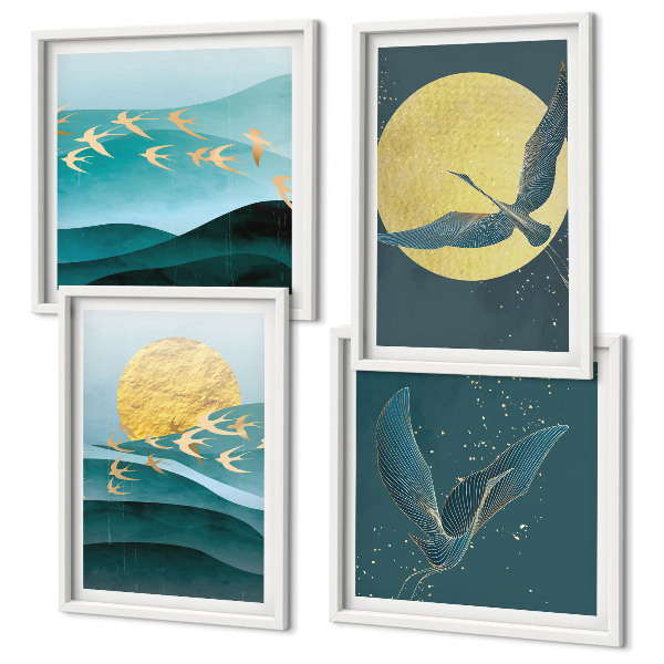 Set 4 slik v okvirju Elegantne pokrajine s pticami