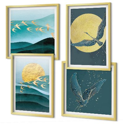 Set 4 slik v okvirju Elegantne pokrajine s pticami