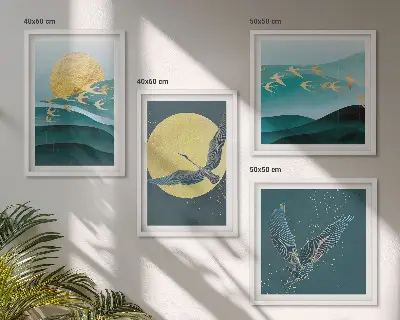 Elegantne pokrajine s pticami komplet 4 slik v okvirju