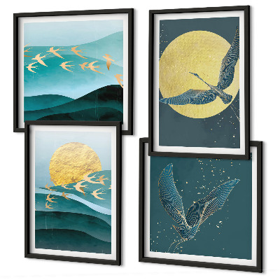 Set 4 slik v okvirju Elegantne pokrajine s pticami