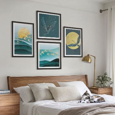 Set 4 slik v okvirju Elegantne pokrajine s pticami