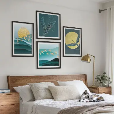 Elegantne pokrajine s pticami komplet 4 slik v okvirju