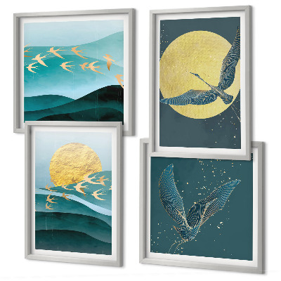 Set 4 slik v okvirju Elegantne pokrajine s pticami