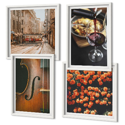 Set 4 slik v okvirju Starinsko cvetje ulično vino violina
