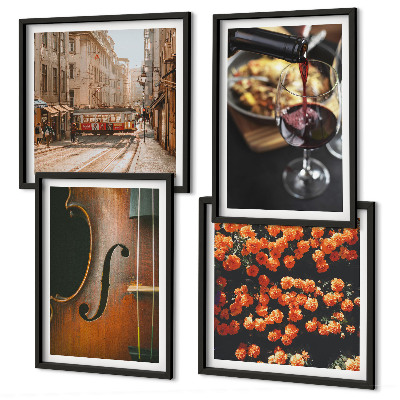 Set 4 slik v okvirju Starinsko cvetje ulično vino violina