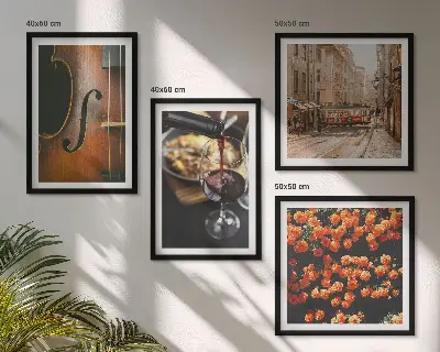 Komplet 4 slik v okvirju starinsko cvetje, ulica, vino in violina