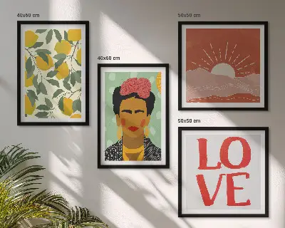 Pripravljena stenska galerija z motivom limonin napis, ljubezenska pokrajina in Frida