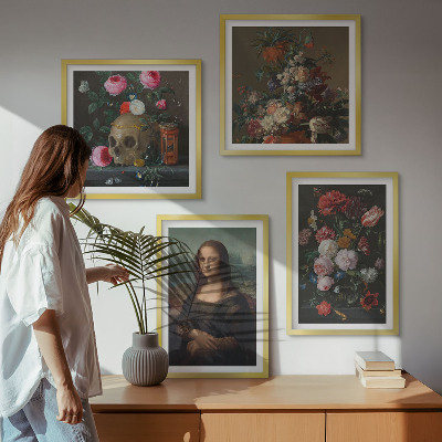 Komplet slik nad zofo Lobanja Mona Lize z vintage rožami