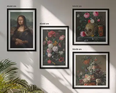 Komplet slik nad zofo Lobanja Mona Lize z vintage rožami komplet slik nad zofo z motivom lobanje Mona Lize z vintage rožami