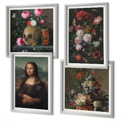 Komplet slik nad zofo Lobanja Mona Lize z vintage rožami komplet slik nad zofo z motivom lobanje Mona Lize z vintage rožami