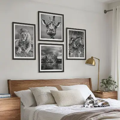Komplet slik nad zofo z motivi divjih živali, kot so lev, jaguar, žirafa in zebre