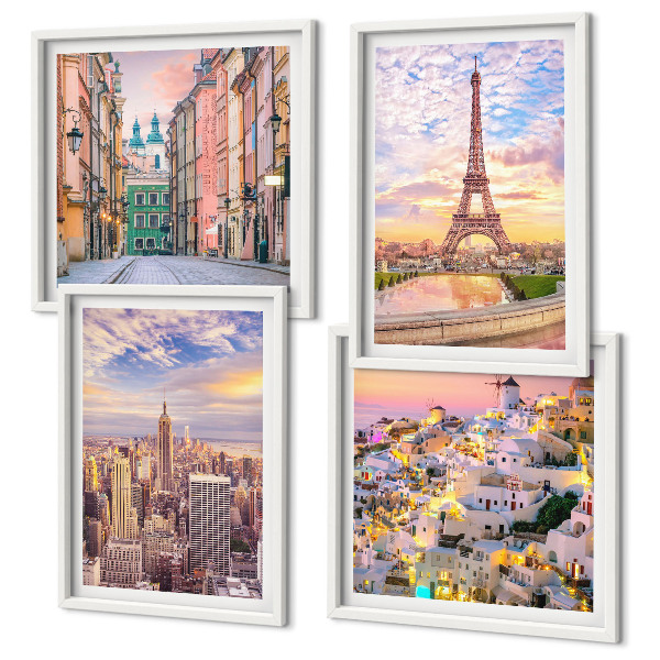 Set 4 slik v okvirju New York Pariz Oia Varšava somrak