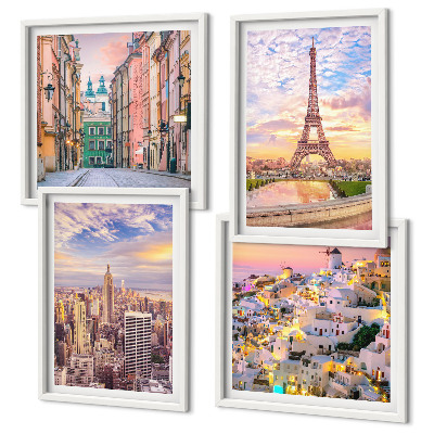 Set 4 slik v okvirju New York Pariz Oia Varšava somrak