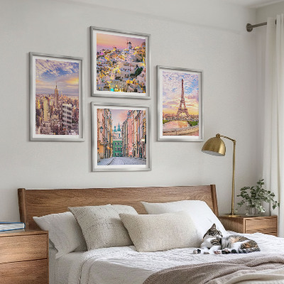 Set 4 slik v okvirju New York Pariz Oia Varšava somrak