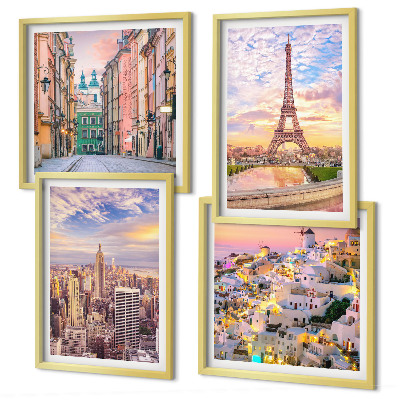 Set 4 slik v okvirju New York Pariz Oia Varšava somrak