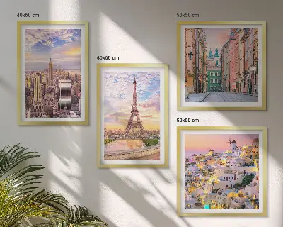 Komplet 4 slik v okvirju motivi New York, Pariz, Oia in Varšava ob somraku