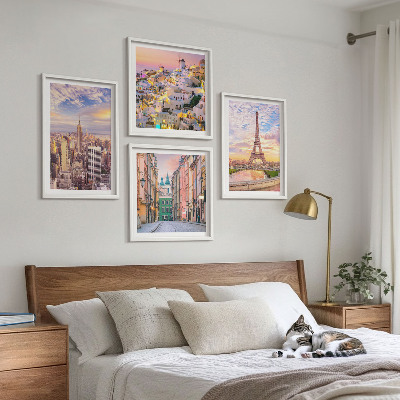 Set 4 slik v okvirju New York Pariz Oia Varšava somrak