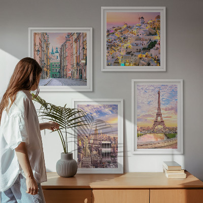 Set 4 slik v okvirju New York Pariz Oia Varšava somrak
