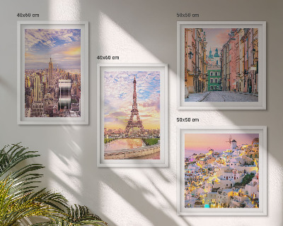 Set 4 slik v okvirju New York Pariz Oia Varšava somrak