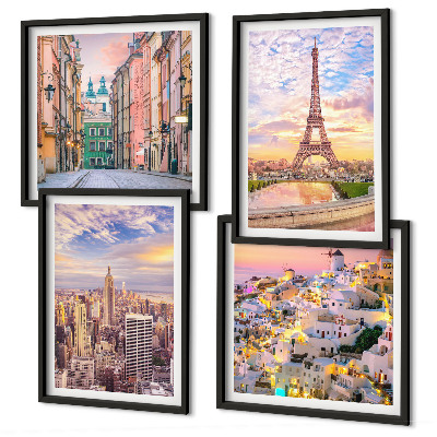 Set 4 slik v okvirju New York Pariz Oia Varšava somrak