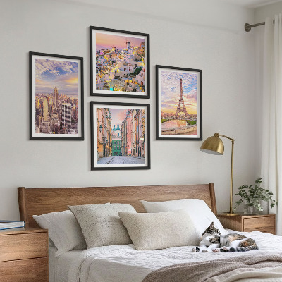Set 4 slik v okvirju New York Pariz Oia Varšava somrak