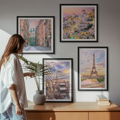 Set 4 slik v okvirju New York Pariz Oia Varšava somrak