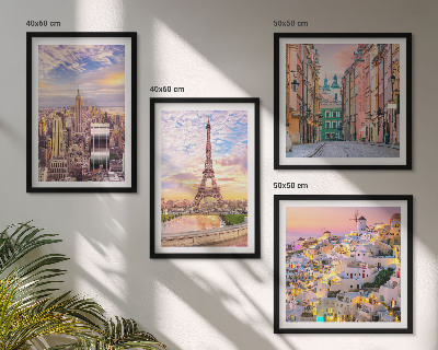Set 4 slik v okvirju New York Pariz Oia Varšava somrak
