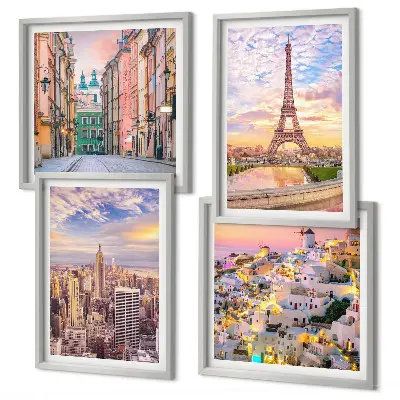 Komplet 4 slik v okvirju motivi New York, Pariz, Oia in Varšava ob somraku