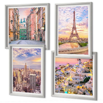 Set 4 slik v okvirju New York Pariz Oia Varšava somrak