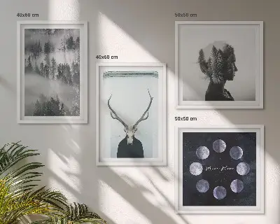 Komplet slik nad zofo z motivom ženske z lobanjo v gozdni megli pod luno