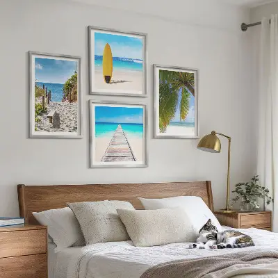 Komplet slik nad zofo počitniški razgledi na plažo s palmami