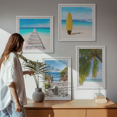 Komplet slik nad zofo Počitniški razgledi na plažo, palme