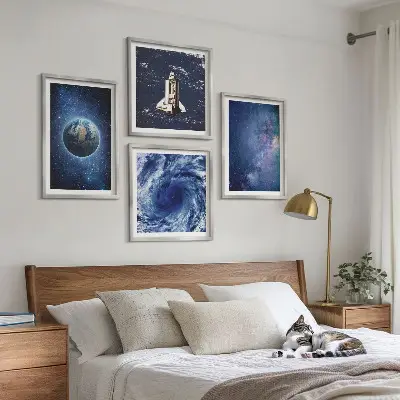 Komplet 4 slik v okvirju motiv vesoljske nevihte, galaksije in Zemlje