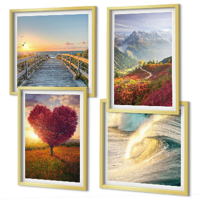 Set 4 slik v okvirju Pokrajine gore valovi drevo srce pomol