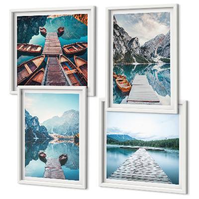 Set 4 slik v okvirju Jezerski leseni pomoli, čolni