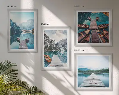 Komplet 4 slik v okvirju jezerski leseni pomoli in čolni