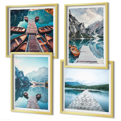 Set 4 slik v okvirju Jezerski leseni pomoli, čolni