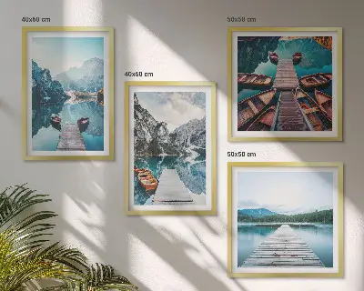 Komplet 4 slik v okvirju jezerski leseni pomoli in čolni