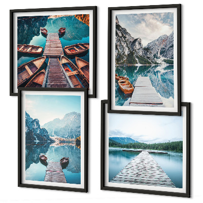 Set 4 slik v okvirju Jezerski leseni pomoli, čolni