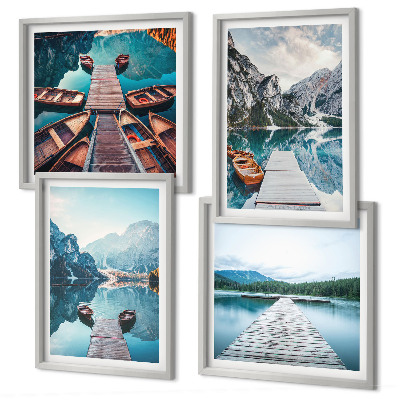 Set 4 slik v okvirju Jezerski leseni pomoli, čolni