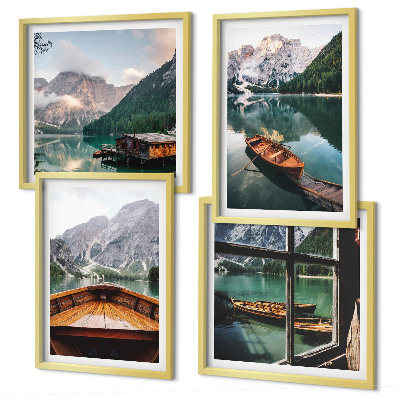 Komplet slik nad zofo Jezero, gore, čolni, koča, okno