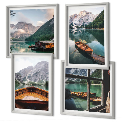Komplet slik nad zofo Jezero, gore, čolni, koča, okno