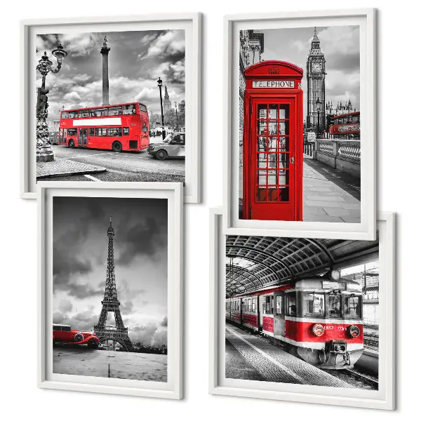 Komplet 4 slik v okvirju ikonična mesta London in Pariz s pridihom železnice