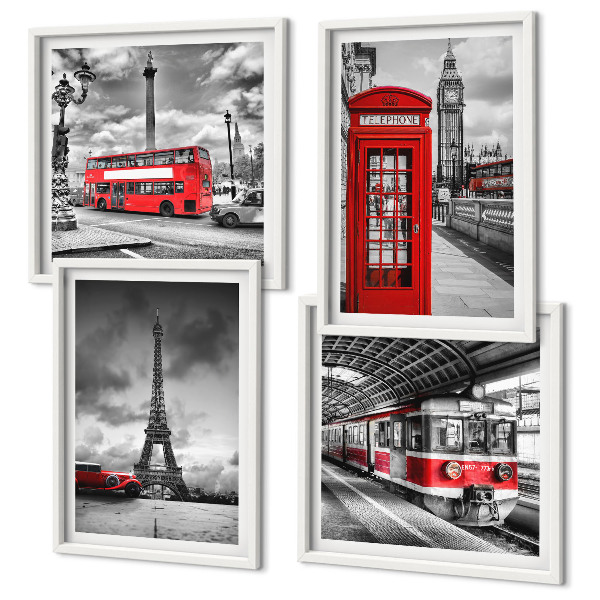 Set 4 slik v okvirju Ikonična mesta London Pariz železnica