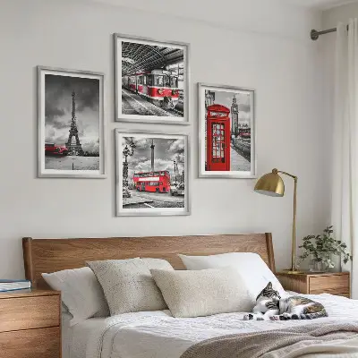 Komplet 4 slik v okvirju ikonična mesta London in Pariz s pridihom železnice
