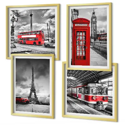 Komplet 4 slik v okvirju ikonična mesta London in Pariz s pridihom železnice