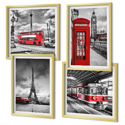 Set 4 slik v okvirju Ikonična mesta London Pariz železnica