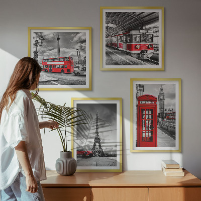 Set 4 slik v okvirju Ikonična mesta London Pariz železnica