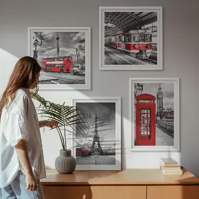 Komplet 4 slik v okvirju ikonična mesta London in Pariz s pridihom železnice
