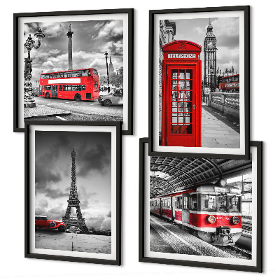 Set 4 slik v okvirju Ikonična mesta London Pariz železnica